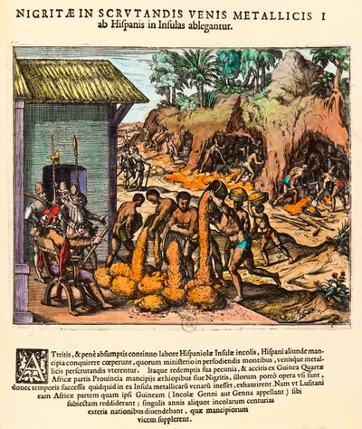 Geschiedenis van Amerika: Spanjaarden exploiteren goudmijnen. De Indianen werken onder het toeziend oog van de kolonisten. Gravure door Theodor de Bry (1528-1598). 16e eeuw Privécollectie door Theodore de Bry