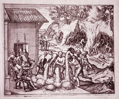 Geschiedenis van Amerika: de Spanjaarden exploiteren de goudmijnen (Gravure) door Theodore de Bry