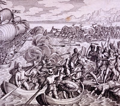 Hoe de Spanjaarden landden op het eiland Haïti, met 400 man wat leidde tot een grote slag met de inboorlingen, illustratie uit 