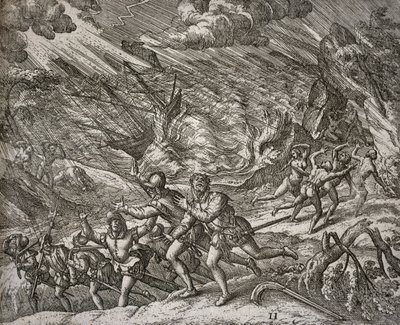 Orkaan laat de Santa Maria zinken, karveel van Christoffel Columbus door Theodore de Bry