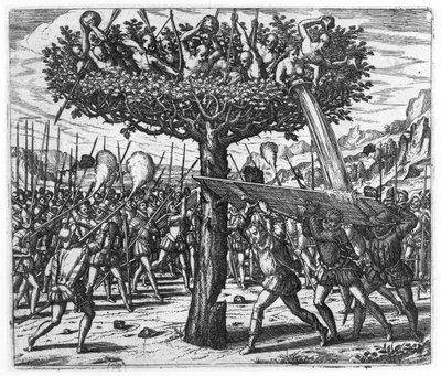 Indianen in een Boom die Projectielen naar de Spanjaarden Gooien door Theodore de Bry