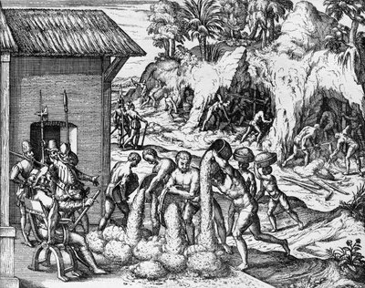 Mijnbouw voor mineralen in Midden- en Zuid-Amerika, gravure uit Americae pars V, door Theodor de Bry door Theodore de Bry
