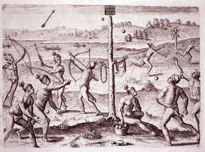 Inheemse Amerikanen oefenen hardlopen, pijlschieten en balwerpen, Florida (Gravure) door Theodore de Bry