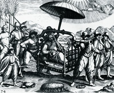Portugezen in India, vervoerd op draagstoel, gravure uit Peregrinationes, door Theodor de Bry, India door Theodore de Bry