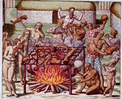 Scène van kannibalisme in Brazilië Indianen verslonden hun vijanden en gevangenen. Gravure uit 