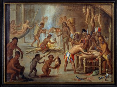 Scène van kannibalisme in Brazilië in 1644 De Indianen aten hun vijanden en gevangenen op door Theodore de Bry