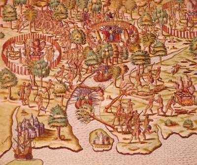 Belegering en aanvalstactieken in botsingen tussen inboorlingen en veroveraars door Theodore de Bry
