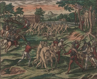 Slaven proberen hun Spaanse eigenaren te overmeesteren, maar worden gevangen en opgehangen aan bomen door Theodore de Bry