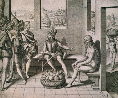 Spaanse veroveraars ontmoeten inheemse vrouwen in Amerika door Theodore de Bry