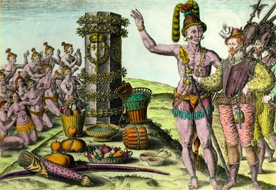 De Floridianen kwamen de kolom opgericht door de Franse navigator Jean Ribault (1520-1565) van de eerste expeditie naar Florida Gravure uit 