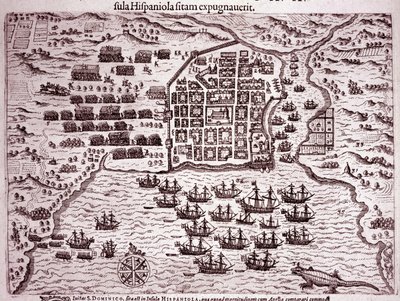 De vloot van Francis Drake bezet het eiland Santo Domingo (Gravure) door Theodore de Bry