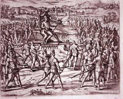 De Inca-koning, Atahualpa (of Atabaliba), met een scepter in de vorm van een zon, wordt op een draagstoel gedragen om Francisco Pizarro te ontmoeten (gravure) door Theodore de Bry