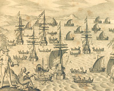 Het eiland van dieven, gravure uit Amerikaanse geschiedenis door Theodore de Bry, Noord-Amerika 17e eeuw door Theodore de Bry