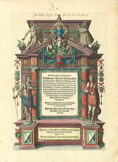 Titelpagina van de eerste Duitse editie van het eerste deel van "Grote Reizen: Amerika", 1590 door Theodore de Bry