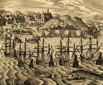 Uitzicht op de haven van Acapulco in Mexico, gravure uit Historia Americae, door Theodor de Bry, Frankfurt door Theodore de Bry