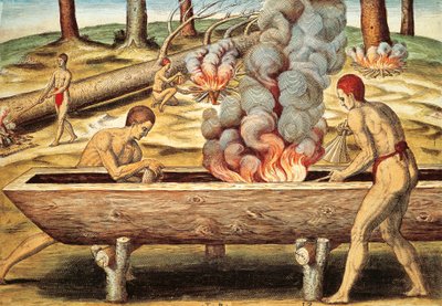 Virginia inboorlingen bouwen een piroga door Theodore de Bry