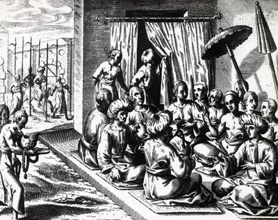 Huwelijksceremonie in Bantam, Java-eiland, gravure door Theodore de Bry