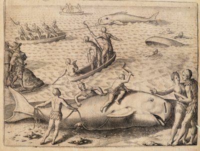 Walvisvangst bij Spitsbergen, gravure door Theodor de Bry uit India Orientalis door Theodore de Bry