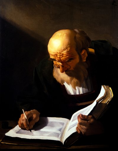 Oude man aan het schrijven door Theodore van called Dirk Baburen