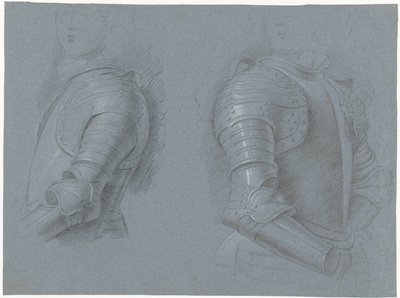 Studieblad met de linker- en rechterzijde van een kuras door Theodorus Netscher