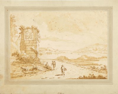 Baai met ruïnes en figuratief personeel door Theodorus Wilkens