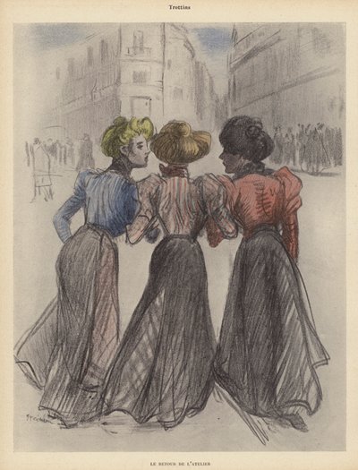 Drie vrouwen lopen over straat door Theophile Alexandre (after) Steinlen