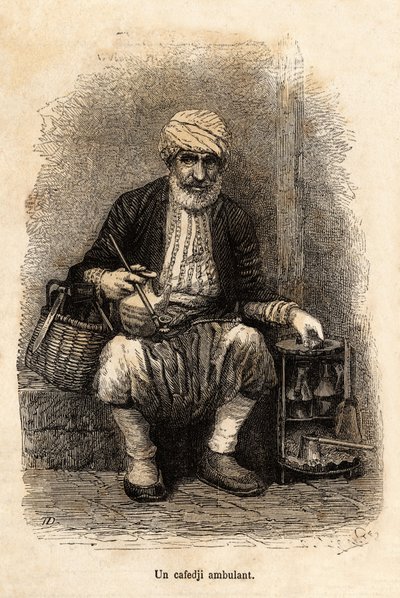 Een cafeverkoper (cafedji) op reis, in de bazaar van Trebizonde (hedendaags Trabzon, aan de kust van de Zwarte Zee), gravure naar een tekening van de verteller, ter illustratie van een reis naar Lazistan en Armenië, van 1869, door Theophile Deyrolle, gepub door Theophile Louis Deyrolle