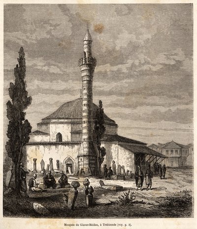 De moskee van Giaour-Meidan in Trebizonde (huidig Trabzon, aan de kust van de Zwarte Zee, Turkije), ooit een Byzantijnse kerk, gegraveerd naar een tekening van de verteller, illustratie van een reis naar Lazistan en Armenië, 1869 door Theophile Louis Deyrolle