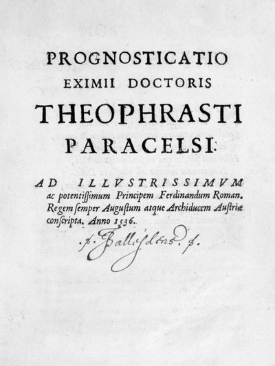 Titelpagina van Prognosticatio Eximii Doctoris Paracelsi, 1536 door Theophrastus Bombastus von Hohenheim Paracelsus