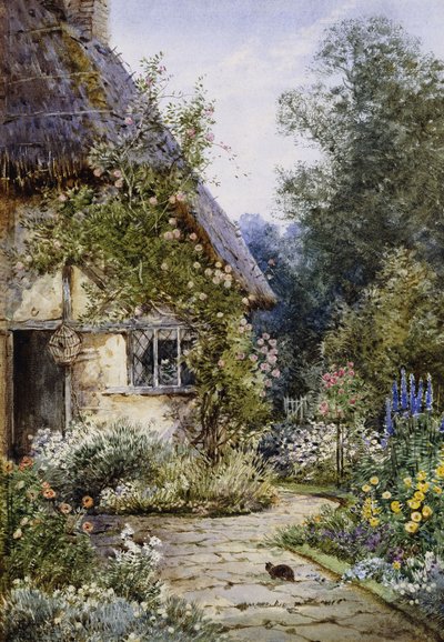 Een Tuinhuisje met een Kat op de Voorgrond; en een Tuinrand in de Zomer door Theresa Sylvester Stannard