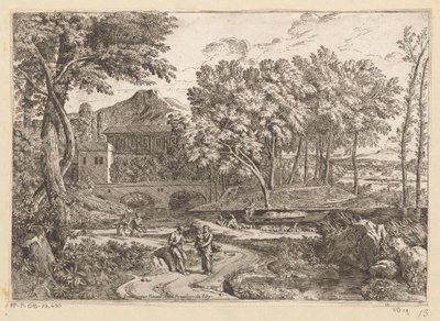 Arcadisch landschap met een kudde geiten aan het water en een moeder met kind op een pad met overige figuren door Théodore