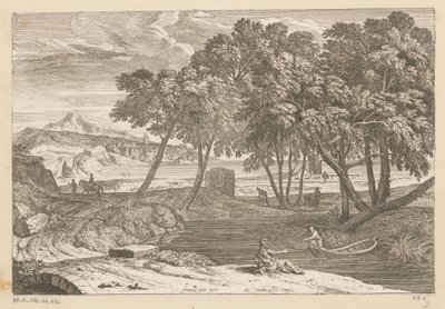 Arcadisch landschap met een visser in een boot door Théodore