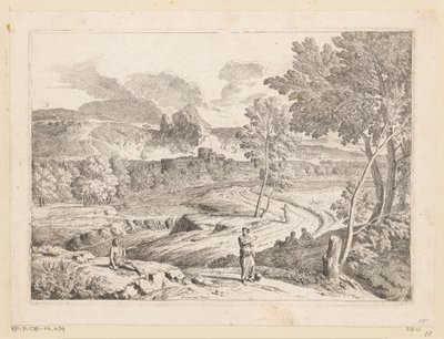 Arcadisch landschap met figuren langs een pad aan een stroming door Théodore