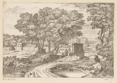 Arcadisch landschap met twee vrouwen bij een fontein door Théodore