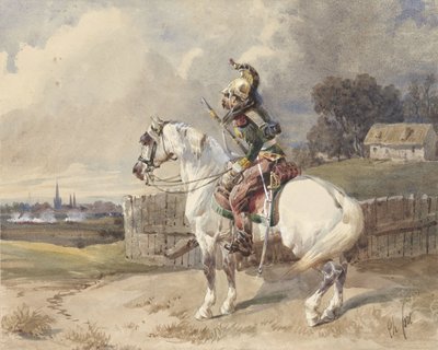 Franse dragonder op een wit paard, links gewend, in profiel door Théodore Fort (signed by artist)
