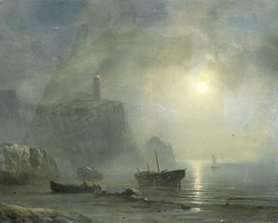 Gezicht op een rotsachtige kust bij maanlicht door Théodore Gudin (attributed to)