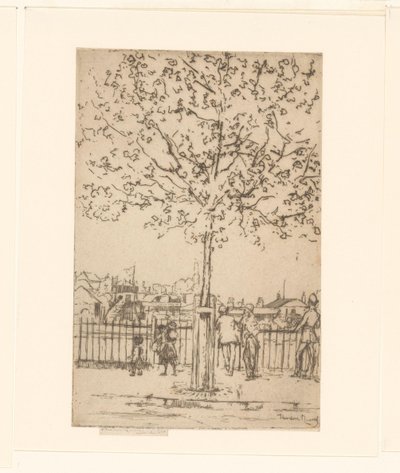 Zes figuren bij een hek langs een rivier, op de voorgrond een boom door Théodore Roussel (signed by artist)