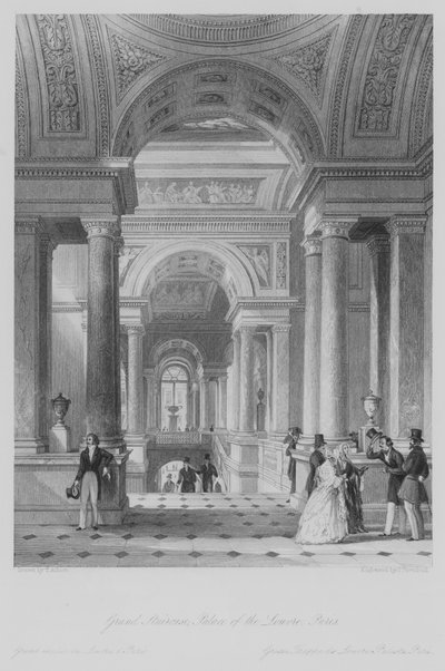 Grote Trap, Paleis van het Louvre, Parijs (gravure) door Thomas (after) Allom