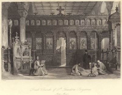 Griekse Kerk van St. Theodore, Pergamus, Klein-Azië (gravure) door Thomas (after) Allom