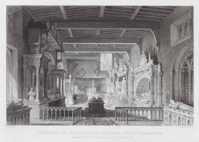 Interieur van Bottesford Church, Leicestershire, monumenten voor de graven van Rutland (gravure) door Thomas (after) Allom