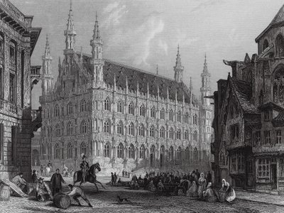 Stadhuis van Leuven, met een deel van de kathedraal (gravure) door Thomas (after) Allom