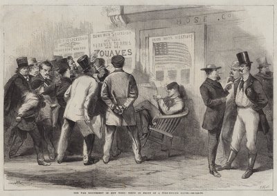 De oorlogsexcitatie in New York, scène voor een brandweerkazerne door Thomas (after) Nast