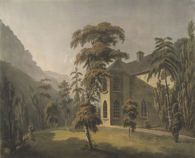 Dit uitzicht in de Vale of Llangollen, Plas Newydd met het bibliotheekraam met uitzicht op de tuin door Thomas (after) Walmsley