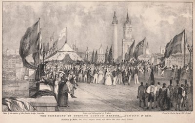 De ceremonie van de opening van de London Bridge met de oude London Bridge op de achtergrond door Thomas Allom