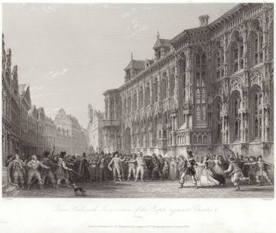 Stadhuis met opstand van het volk tegen Karel V door Thomas Allom