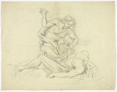 Pyramus en Thisbe (recto); Drie Mannelijke Figuren met Mausoleum Plattegrond (verso) door Thomas Banks