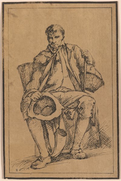 Veertig Lithografische Afdrukken van Landschapstekeningen door Thomas Barker, Geselecteerd uit Zijn Studies van Rustieke Figuren naar de Natuur: (Zittende Man met Manden die Hoed en Wandelstok Vasthoudt) door Thomas Barker