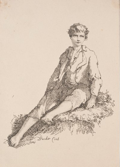 Specimens of Polyautography: Jongen zittend op een grasrijke oever, 1803 door Thomas Barker