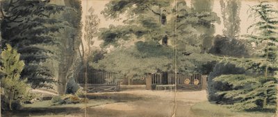 Paden en een hek onder bomen op het terrein van Merton door Thomas Baxter