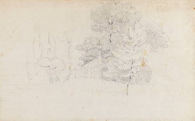 Studie van bomen en een klein gebouw in de tuinen van Merton Place door Thomas Baxter